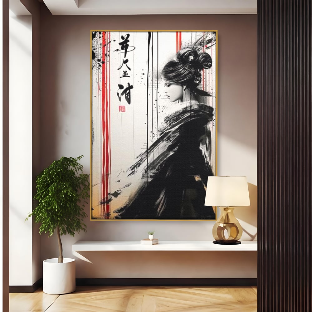 Tablou canvas cu tablou vertical cu gheisa in tus, in rama de aluminiu auriu
